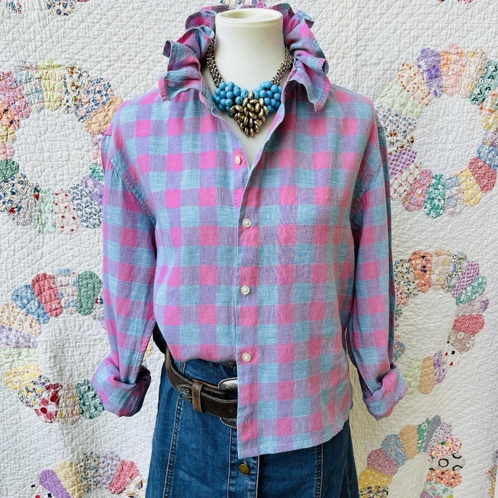 Upcycled Re-worked Bonobos Linen Pink & Sky Buffalo Check Ruffle Collar Shirt L
